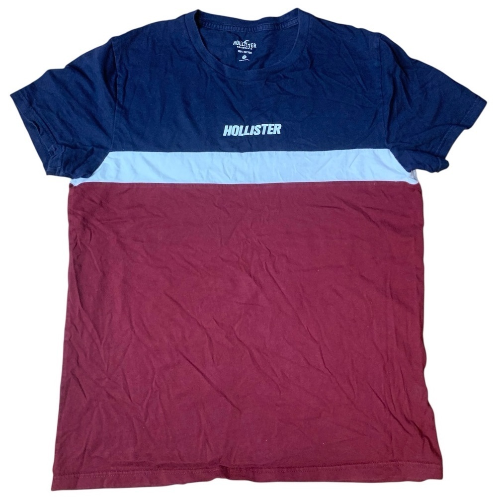 💜 Hollister Men's Color Block Logo T-Shirt - Navy White Red - Size M